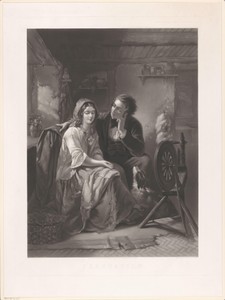 Man probeert een vrouw te verleiden die aan een weefgetouw zit