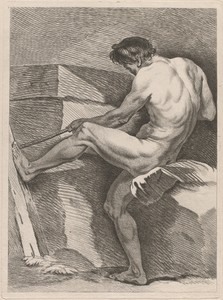 Man Pulling a Rope, His Foot Braced