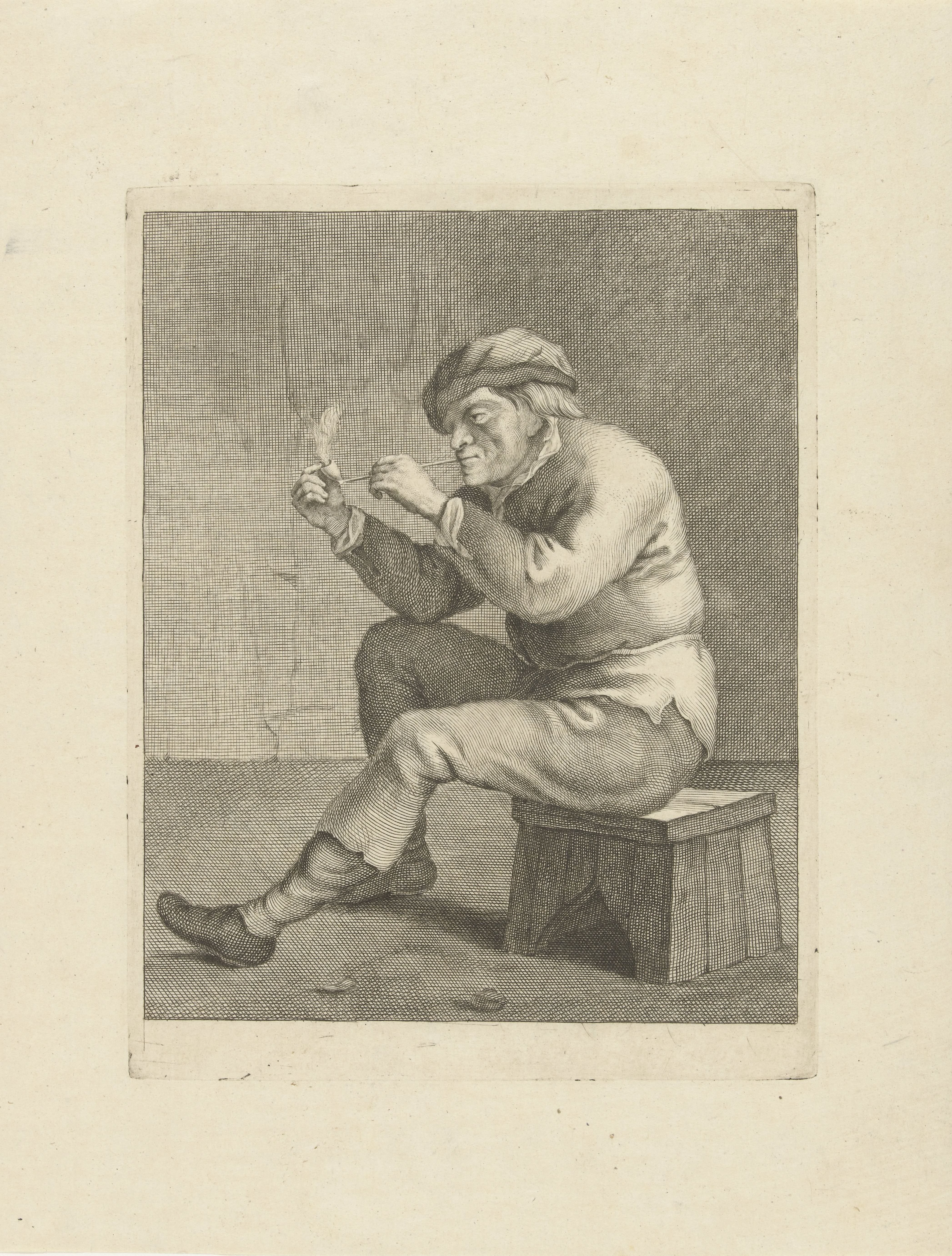 Man rookt pijp zittend op een krukje by Abraham Delfos