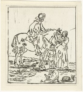 Man te paard bij vrouw en kind