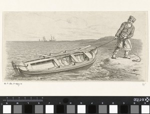 Man trekt zijn roeiboot aan wal