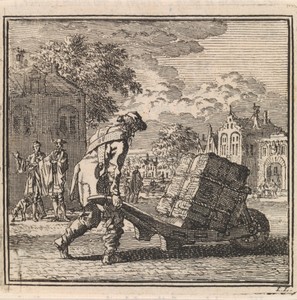 Man vervoert een zwaar pakket op een kruiwagen