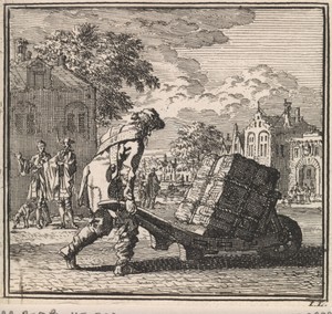 Man vervoert een zwaar pakket op een kruiwagen
