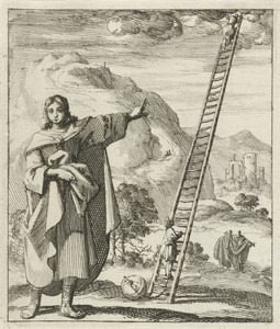 Man wijzend op een ladder die van de aarde naar de hemel reikt