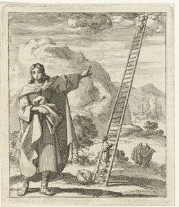 Man wijzend op een ladder die van de aarde naar de hemel reikt
