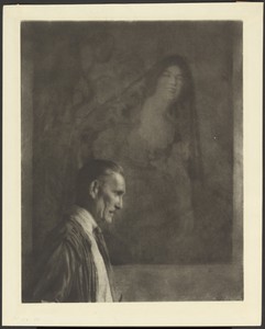 [Man with Small, Neat Mustache in Profile Posed in Front of a Painting of a Woman Dressed in Spanish Costume]