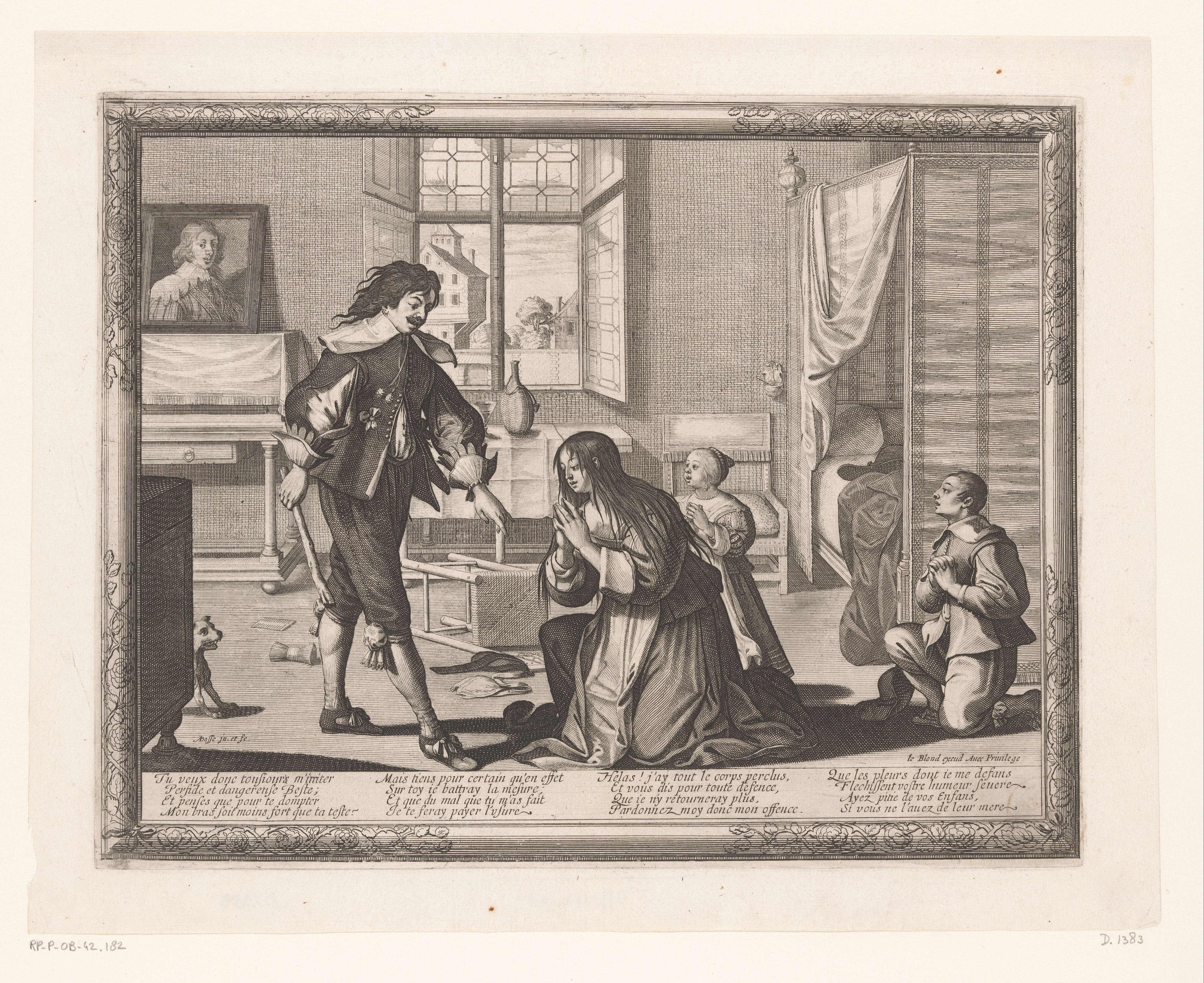 Man zijn vrouw slaand met een stok by Abraham Bosse