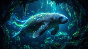 Manatee in Bioluminescent Cave