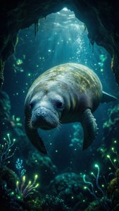 Manatee in Bioluminescent Cave