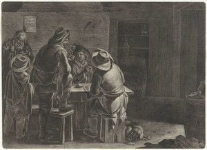 Mannen en een jongen aan een tafel