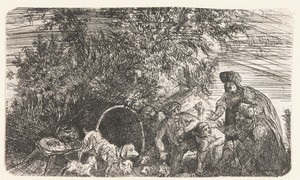 Mannen en hond met jongen bij een ton