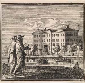 Mannen kijken naar een gebouw aan de overkant van de rivier