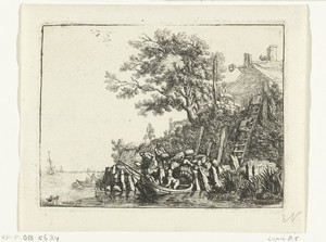 Mannen laden graanschoven in een boot