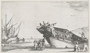 Mannen op kade bij achterkant van galeischip