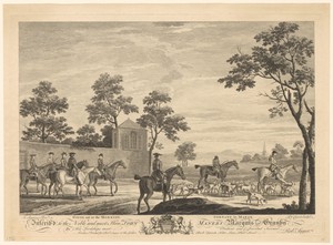 Mannen te paard met jachthonden