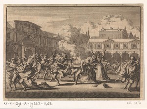 Mannen uit het gevolg van de Portugese gezant te Londen schieten op de beurs Harcourt Greenway overhoop, 1653