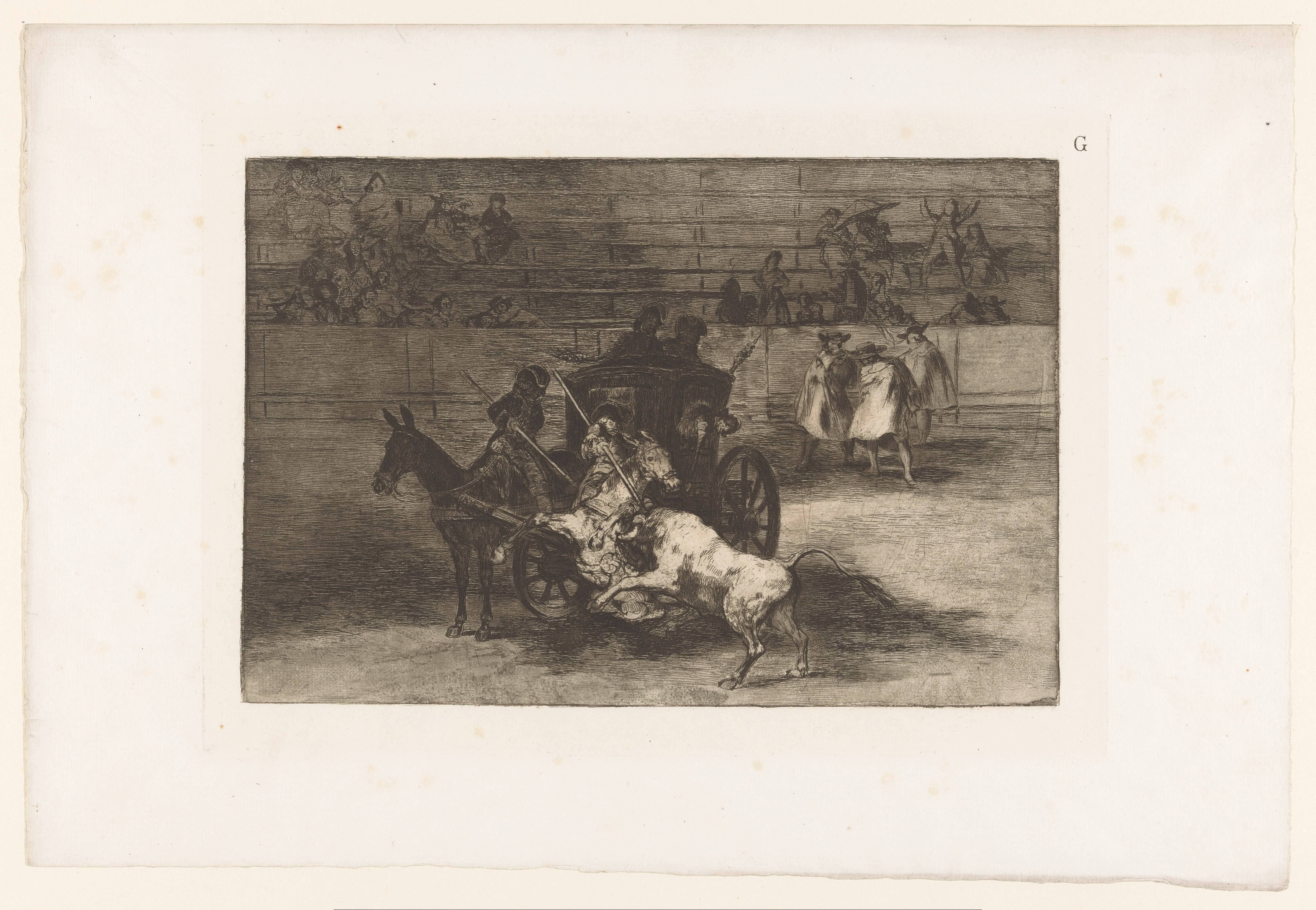 Mannen vallen een stier aan vanaf een rijtuig by Francisco de Goya