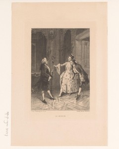 Manon Lescaut met een spiegel in de hand en twee mannen