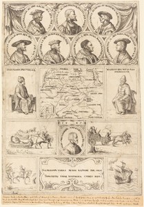 Map of Eastern Europe with portraits of Sigismund von Herberstein, Emperor Charles V, Emperor Maximilian I, Ferdinand of Hungary, Ludwig II of Hungary, Sigismund I of Poland, Sigismund II of Poland, Christian II of Denmark, Suleiman the Magnificent and Vasili III, Grand Prince of Moscow, and vignettes showing four journeys made by Herberstein