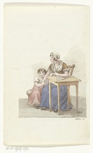 Maria en dienstmeid zitten bij tafeltje