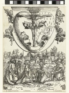 Maria en Johannes de Evangelist en Sebastiaan en Rochus aanbidden het Heilig Hart met Christus aan het kruis