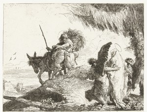 Maria en Jozef met twee engelen tijdens de vlucht naar Egypte