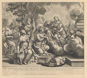 Maria en Kind overhandigen lelies en palmbladeren aan H. Catharina, H. Agnes, H. Ursula, H. Dorothea en H. Cecilia