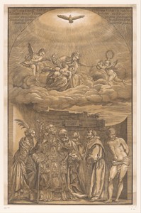 Maria in de wolken en zes heiligen