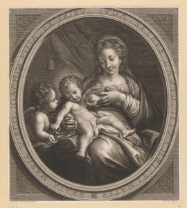 Maria lactans met engel in ovalen lijst