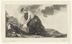 Maria Magdalena als boetelinge in woestijn geknield voor crucifix