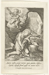 Maria Magdalena berouwvol met crucifix in haar armen in grot