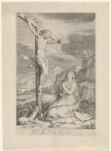 Maria Magdalena knielend aan de voet van het kruis