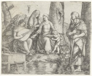 Maria met kind, Anna, Paulus en engel spelend op luit bij bron
