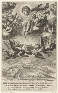 Maria met Kind en engelen met reliekschrijn in hemel boven de kerk Notre-Dame te Wavre