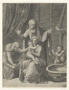 Maria met kind en heiligen Anna en Elisabet bij wieg en engel met waterkan bij schaal met water