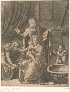 Maria met kind en heiligen Anna en Elisabet bij wieg en engel met waterkan bij schaal met water
