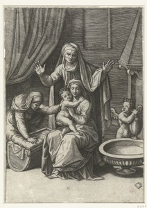 Maria met kind en heiligen Anna en Elisabet bij wieg en engel met waterkan bij schaal met water