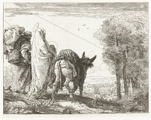 Maria met Kind en Jozef met mand op rug lopen te voet naast ezel tijdens vlucht naar Egypte