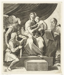 Maria met kind geflankeerd door aartsengel Michaël met Tobias met vis en heilige Hieronymus