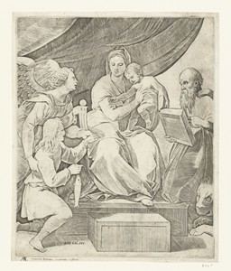 Maria met kind geflankeerd door aartsengel Michaël met Tobias met vis en heilige Hieronymus