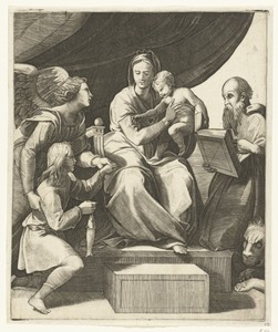 Maria met kind geflankeerd door aartsengel Rafaël met Tobias met vis en heilige Hieronymus