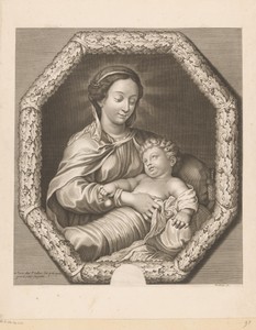Maria met Kind in een octogonale lijst van eikenbladeren