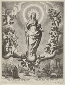 Maria op een globe, omringd door engelen