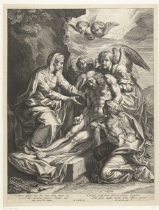 Maria treurt bij het dode lichaam van Christus met engelen