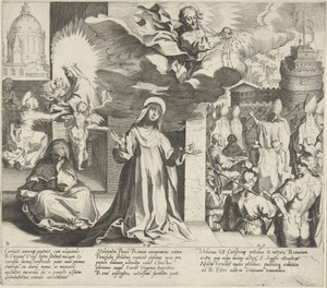 Maria vermeerdert brood dat Catharina aan de armen kan uitdelen / Christus vergiet zijn bloed over de stad Rome / Paus Urbanus VI neemt zijn intrek in de Engelenburcht