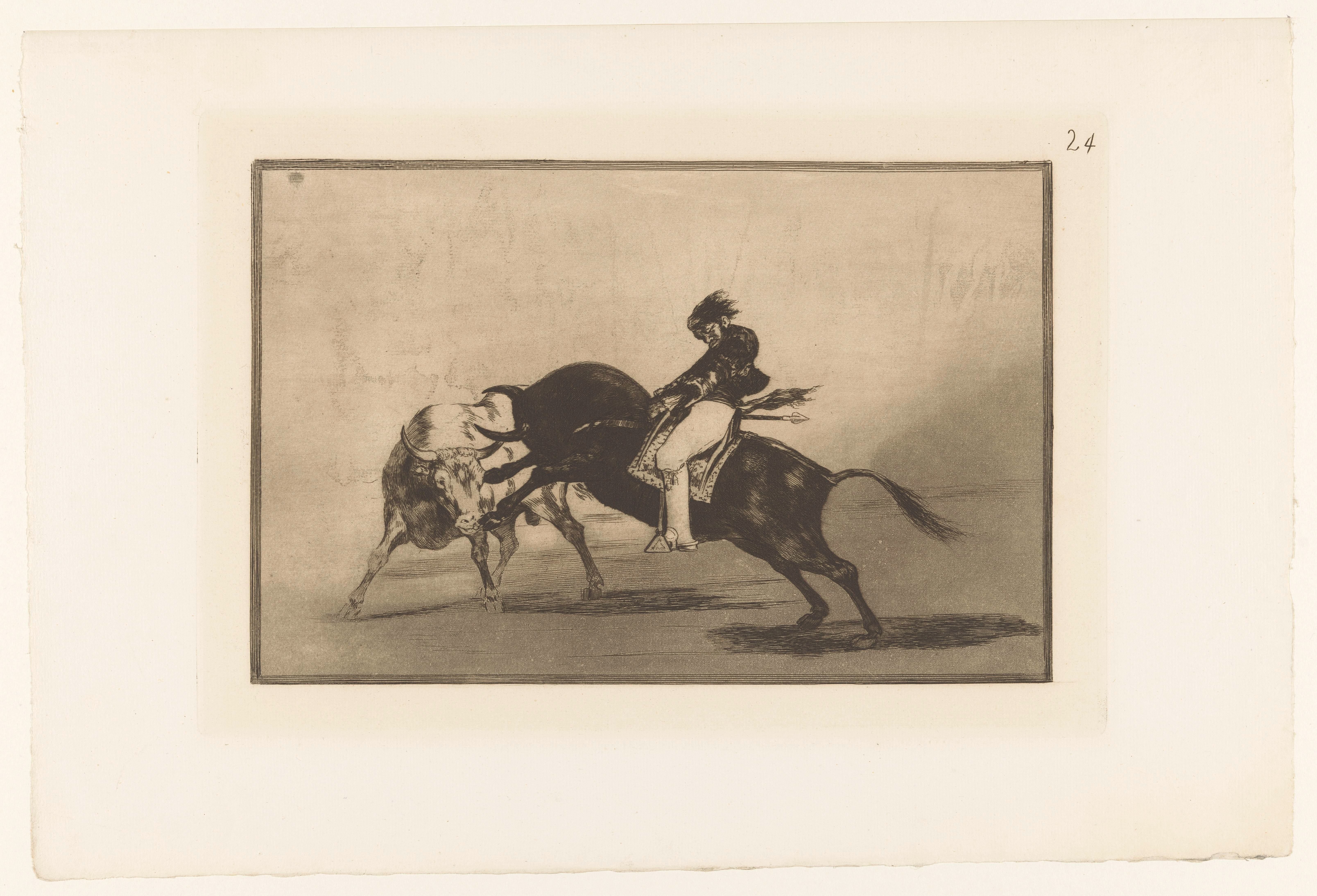 Mariano Ceballos rijdend op een stier by Francisco de Goya