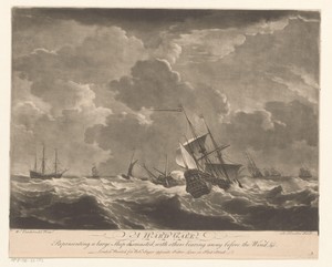 Marineschepen op hoge golven