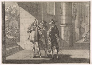 Masaniello praat met twee edellieden in een kerk, 1647