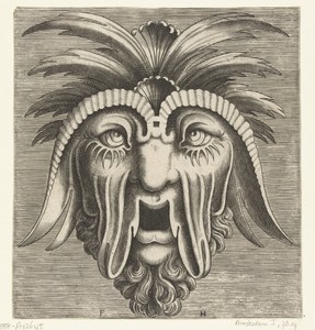Masker met een openhangende, tandeloze mond, uitgezakte wangen en kuiven op het hoofd