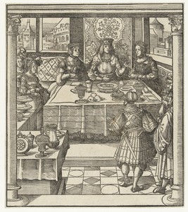 Maximiliaan zit aan tafel met twee vrouwen en ontvangt boodschapper